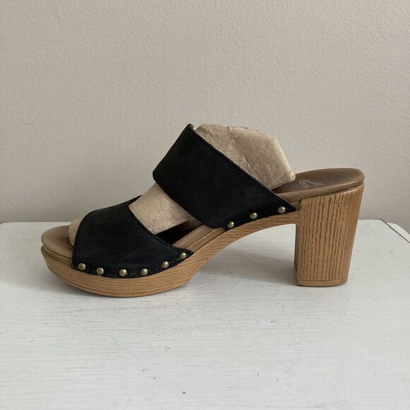 Dansko Black Leather Slide Slip On Sandals Heels Studs Size 41 Buckle Platform - Picture 4 of 11